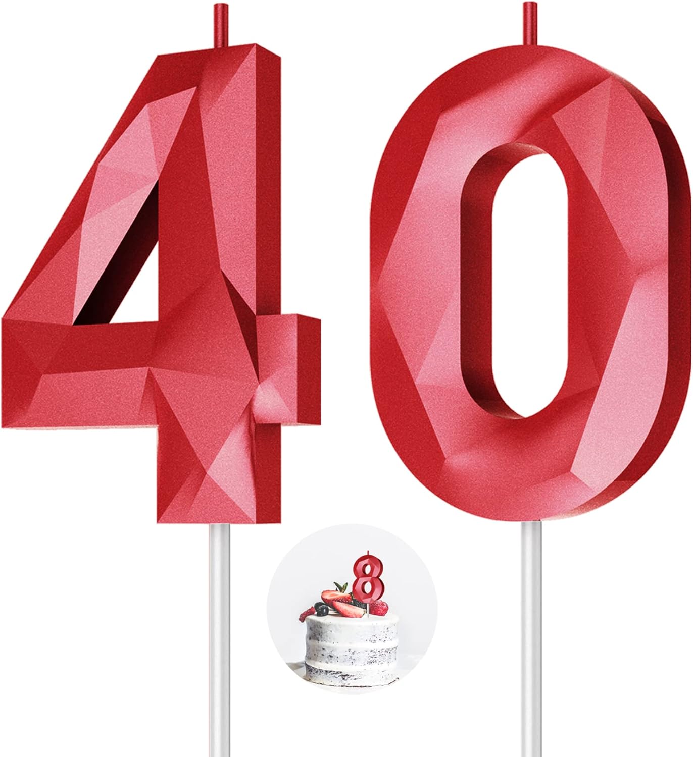 Number Birthday Candles(40 Candle Red) 3D Diamond Shape Number Happy Birthday Cake Candles for Birthday Party Wedding Decoration Reunions Theme Party