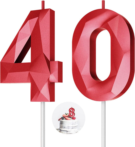 Number Birthday Candles(40 Candle Red) 3D Diamond Shape Number Happy Birthday Cake Candles for Birthday Party Wedding Decoration Reunions Theme Party