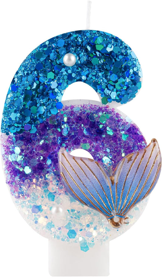 Sparkler 6 Birthday Number Candles,Blue Purple Pearls Mermaid Tail Number Birthday Candles for Girls Women Birthday Cakes Mermaid Themed Birthday Decorations Party Favors Number 6 Candle Cake Topper
