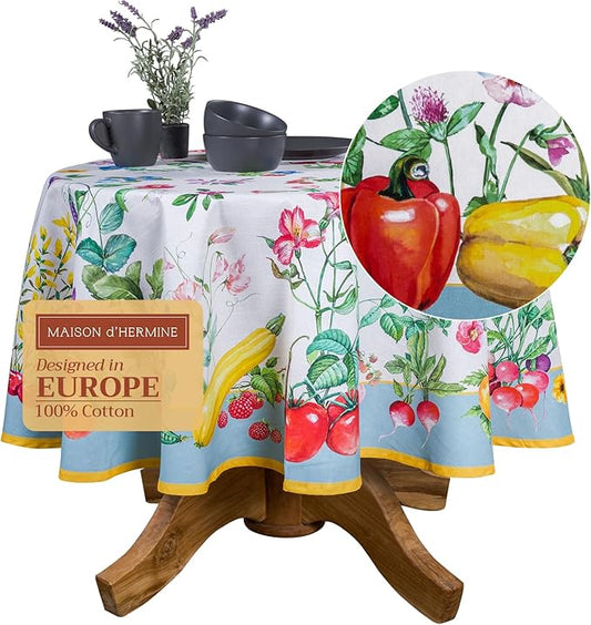 Maison d' Hermine Table Cloth Round Table 100% Cotton 63 Round Inches Tablecloth Reusable Decorative for Dining Room Farmhouse Home Valentines Day Decorations Spring Summer - Giverny