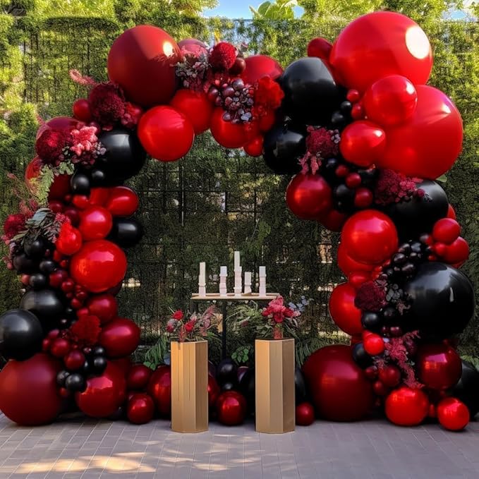 Black Red Balloon Garland Double Stuffed Burgundy Black Balloons Maroon Ruby Red Balloon Arch for Birthday Wedding Bridal Bachelorette Mother's Day Graduation Party Decorations