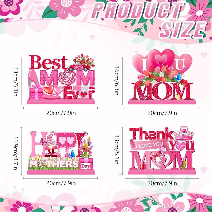 4pcs Mothers Day Decorations for Party Wood Table Decor Happy Mothers Day Centerpieces for Tables Pink I Love U Mom Thank You Mom Wood Tabletopper for Home