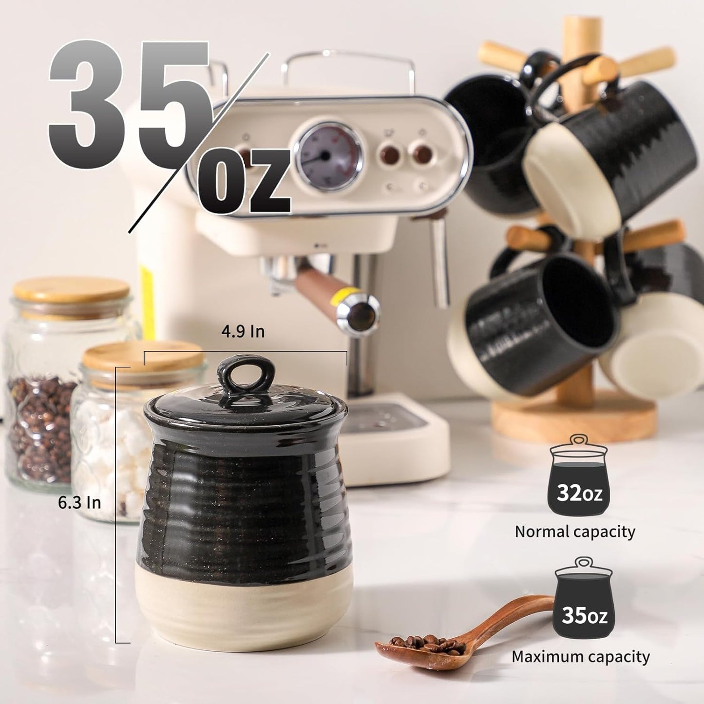 Hasense Ceramic Food Storage Jar with Airtight Lid, 35 oz Cookie Candy Jar for Coffee Beans, Tea, Sugar and More, Kitchen Storage Container for Countertop, Black Kitchen Decor