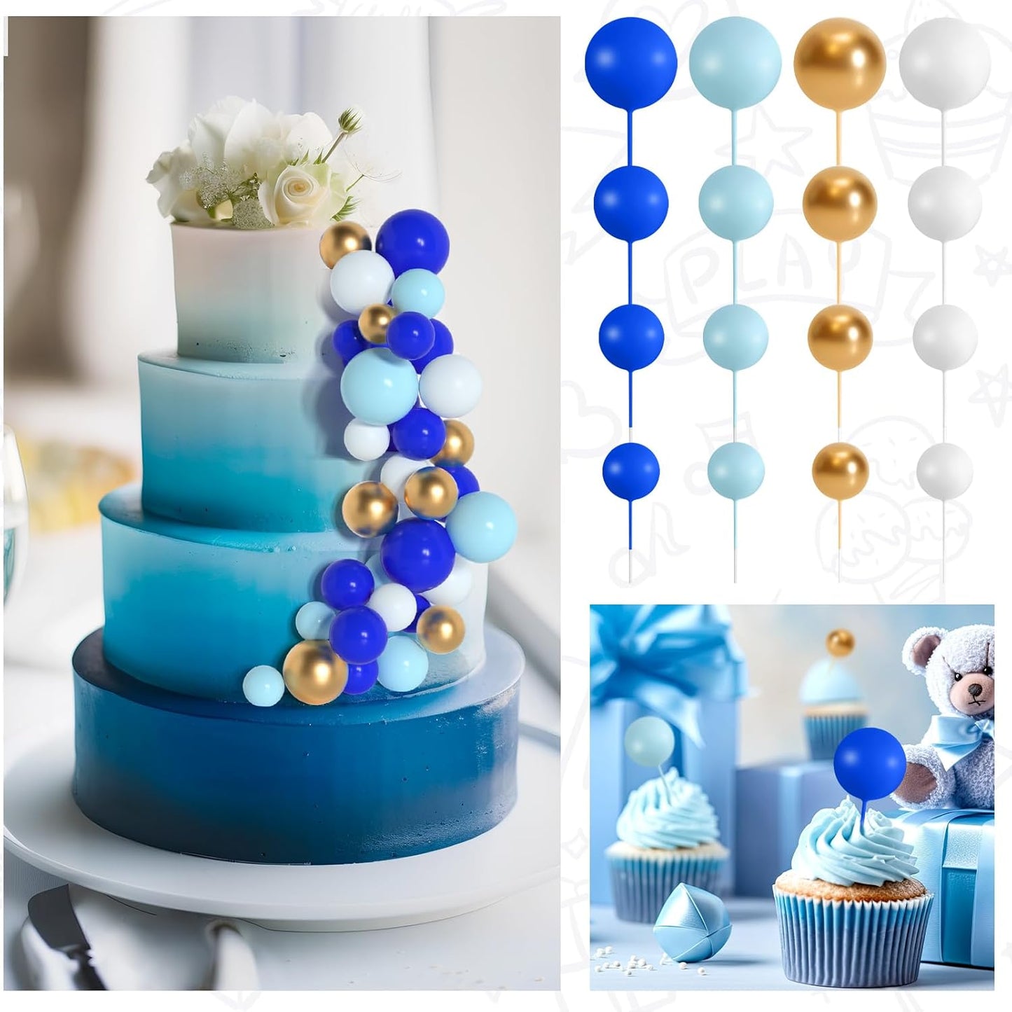 138 Pcs Cake Topper Decorations - Balloon Cupcake Toppers, Foam Balls for Birthday Party, Wedding Anniversary Cake Decor (Assorted Blue, White, Gold)