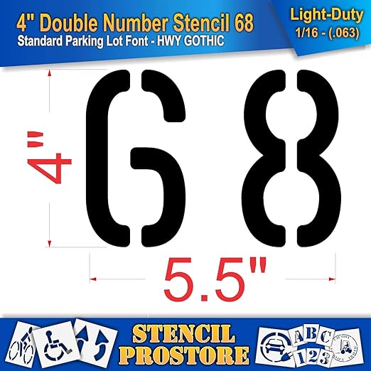 Pavement, Curb, and WheelStop Stencils - 4 inch Double Number Stencil - (68) - 4" x 5.5" x 1/16" (63 mil) - Light-Duty