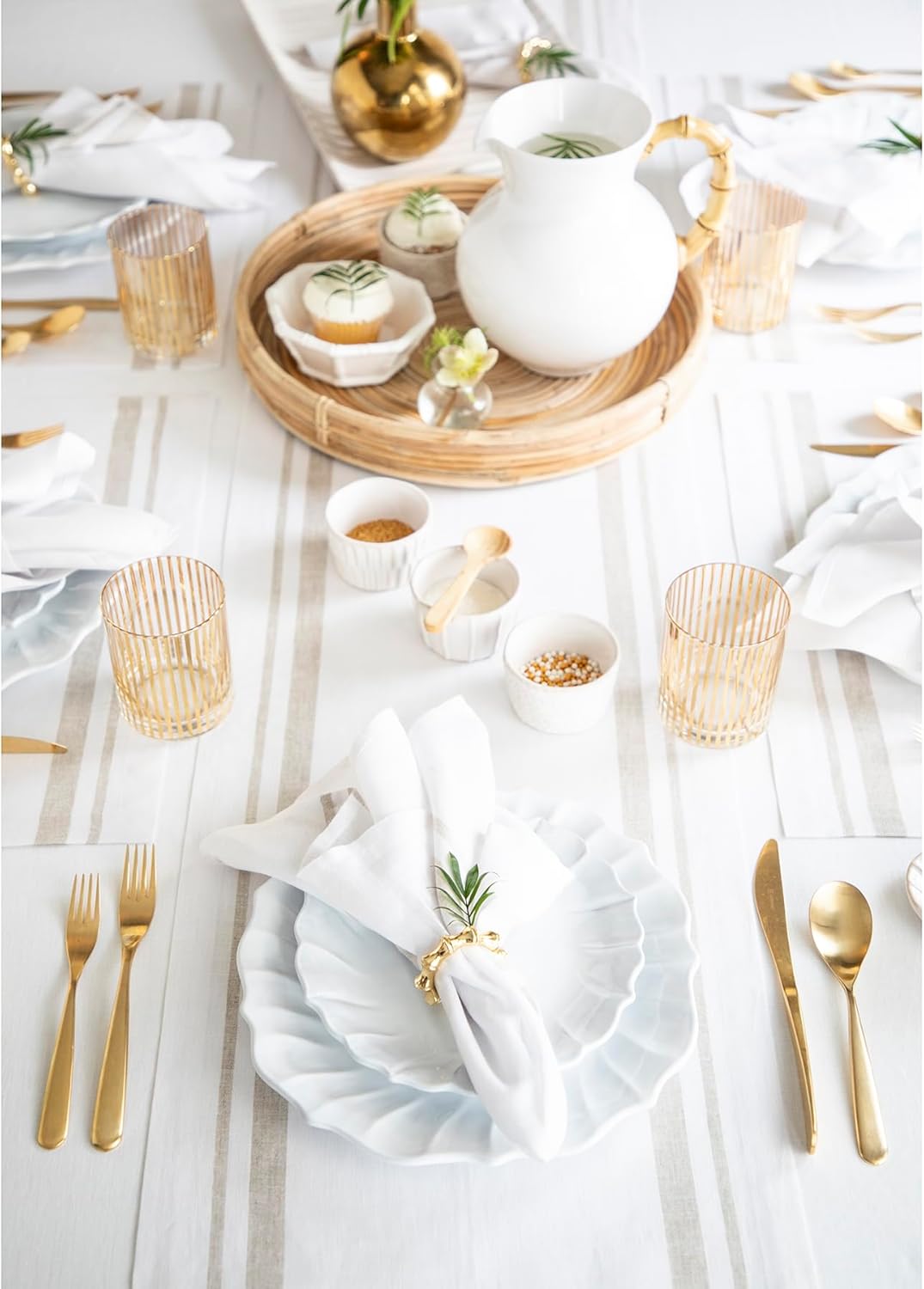 Solino Home Linen Table Runner 156 Inches Long - 100% Pure Linen Natural and White French Stripe Table Runner 14 x 156 Inch for Dining, Thanksgiving