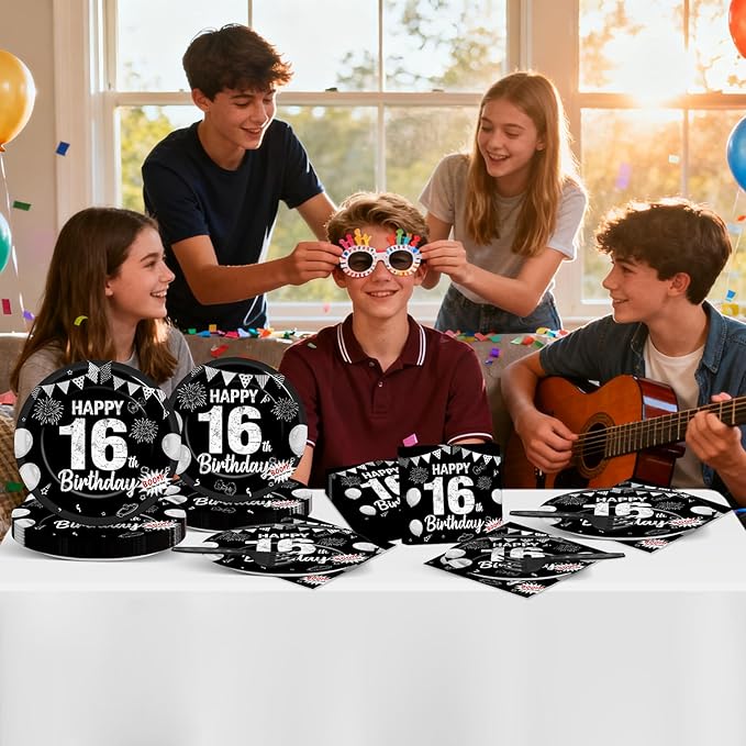 96PCS 16th Birthday Party Paper Plates and Napkins Black Silver 16th Birthday Supplies for Boys and Girls Disposable Dessert Plates Happy 16 Year Old Party Kids Birthday Gatherings Decorations