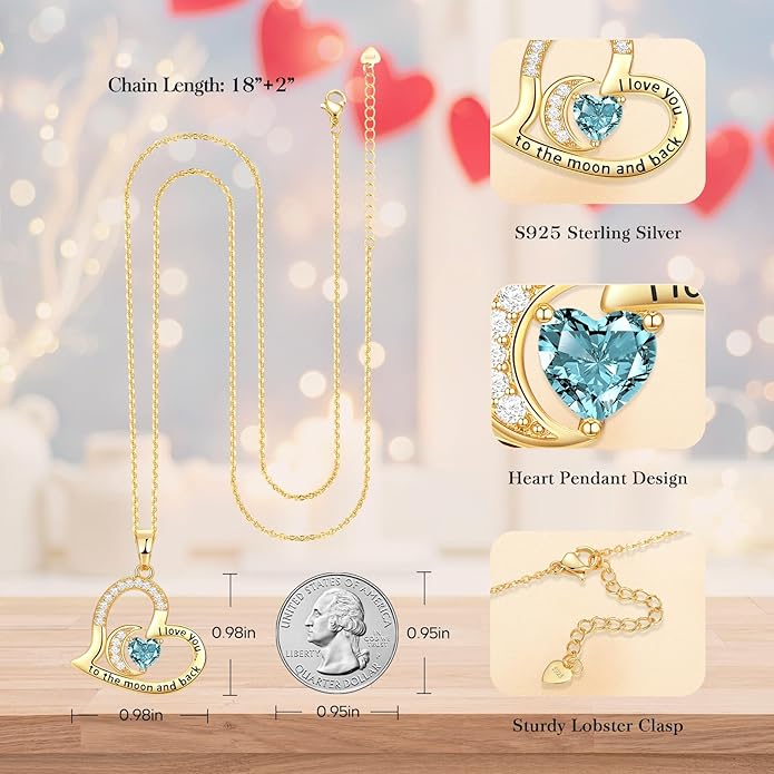 Anniversary Necklace for Women Birthstone Jewelry for Wife Gifts for Her Wife Birthday Gift Ideas Anniversary for Girlfriend I love you to the moon and back Necklaces Filled 925 Sterling Sliver