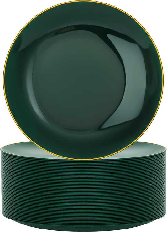 Nervure 100Pcs Green and Gold Plastic Plates - 10.25inch Disposable Green Dinner Plates - Heavy Duty Plastic Plate Ideal for Wedding & Party & Christmas