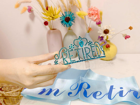 JETKONG Retirement Party Decorations Retired Tiara/Crown, Retired Sash for Women Retirement Gifts, Retirement Party Supplies, Gifts, Favors (Light Blue)