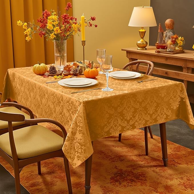 SASTYBALE Amber Rectangle Jacquard Tablecloth, Spill Wrinkle Proof Damask Table Cloth for Rectangle Tables, Rectangular Harvest Fall Inddor Outdoor Tablecloths, 52 x 70 Inch Amber