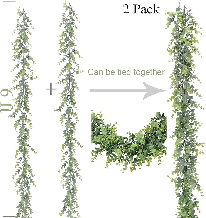 Artificial Vines Faux Eucalyptus Garland, 2 Pack Fake Eucalyptus Greenery Garland Wedding Backdrop Arch Wall Decor, 6 Feet/pcs Fake Hanging Plant for Table Festival Party Decorations