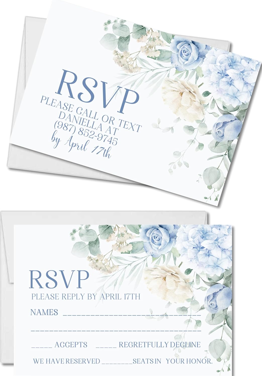 Blue Hydrangea Wedding Invitations, Garden Floral, Personalized, Set of 12 Invitations with Envelopes