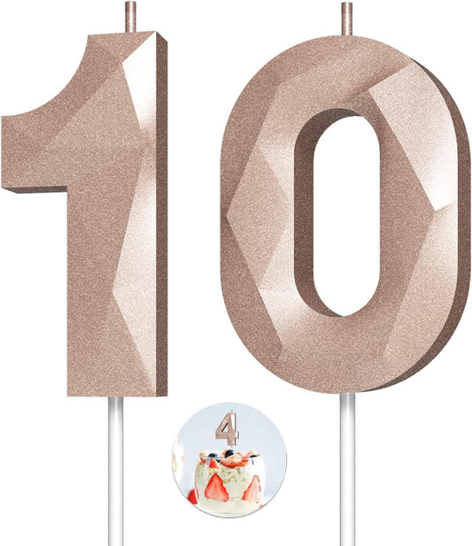 Number Birthday Candles(10 Candle Rose Gold) 3D Diamond Shape Number Happy Birthday Cake Candles for Birthday Party Wedding Decoration Reunions Theme Party
