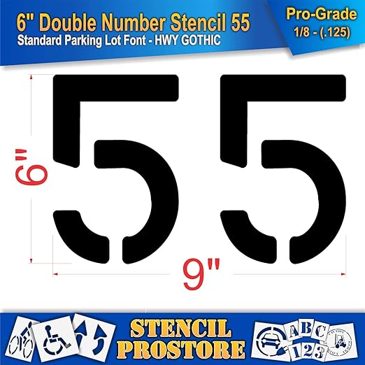 Pavement, Curb, and WheelStop Stencils - 6 inch Double Number Stencil - (55) - 6" x 9" x 1/8" (128 mil) - Pro-Grade