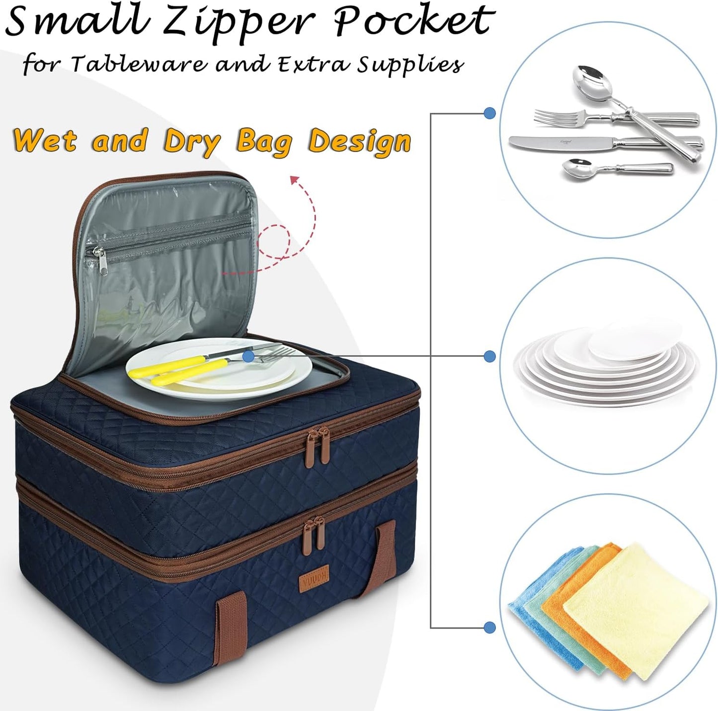 Vuudh Quilted Insulated Double Casserole Carrier - Thermal Lunch Tote for Potluck Parties, Picnic, Beach, Fits 9 x 17 Inches Baking Dish, Casserole Dish, Expandable (Blue)
