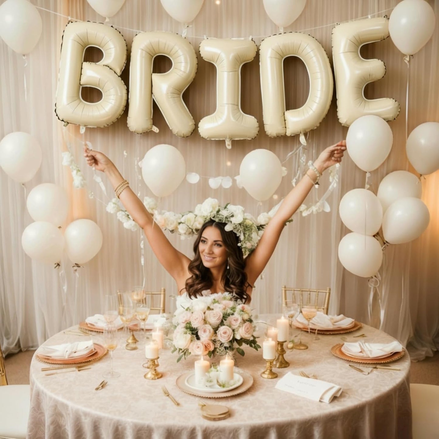 40Inch BRIDE Balloons-White Sand Balloons with Large Cream White BRIDE Foil Banner Letter Sign for Wedding Bridal Shower Engagement Bachelorette Party Decorations