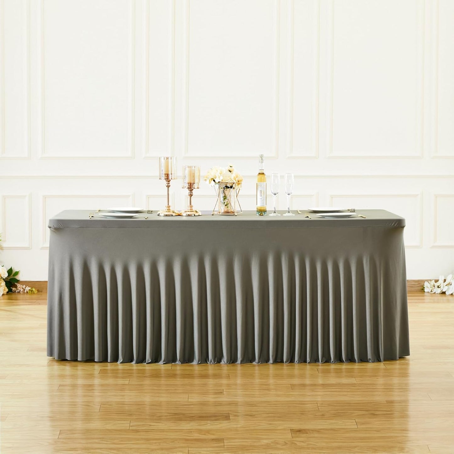 PARTISKY Gray Spandex Tablecloth for 4ft Rectangle Tables, Stretchable Table Cover Skirt for Folding Tables Weddings Parties Banquets Events Trade Shows and Dessert Table