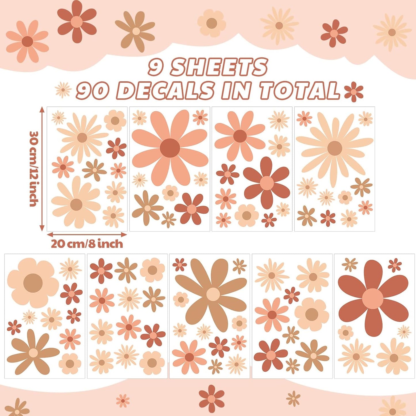 Kisston 90 Pcs Daisy Wall Decal Alphabet Vinyl Wall Decals Boho Decal Daisy Stickers Boho Groovy Floral Stickers for Nursery Art Bedroom Classroom(Classic)
