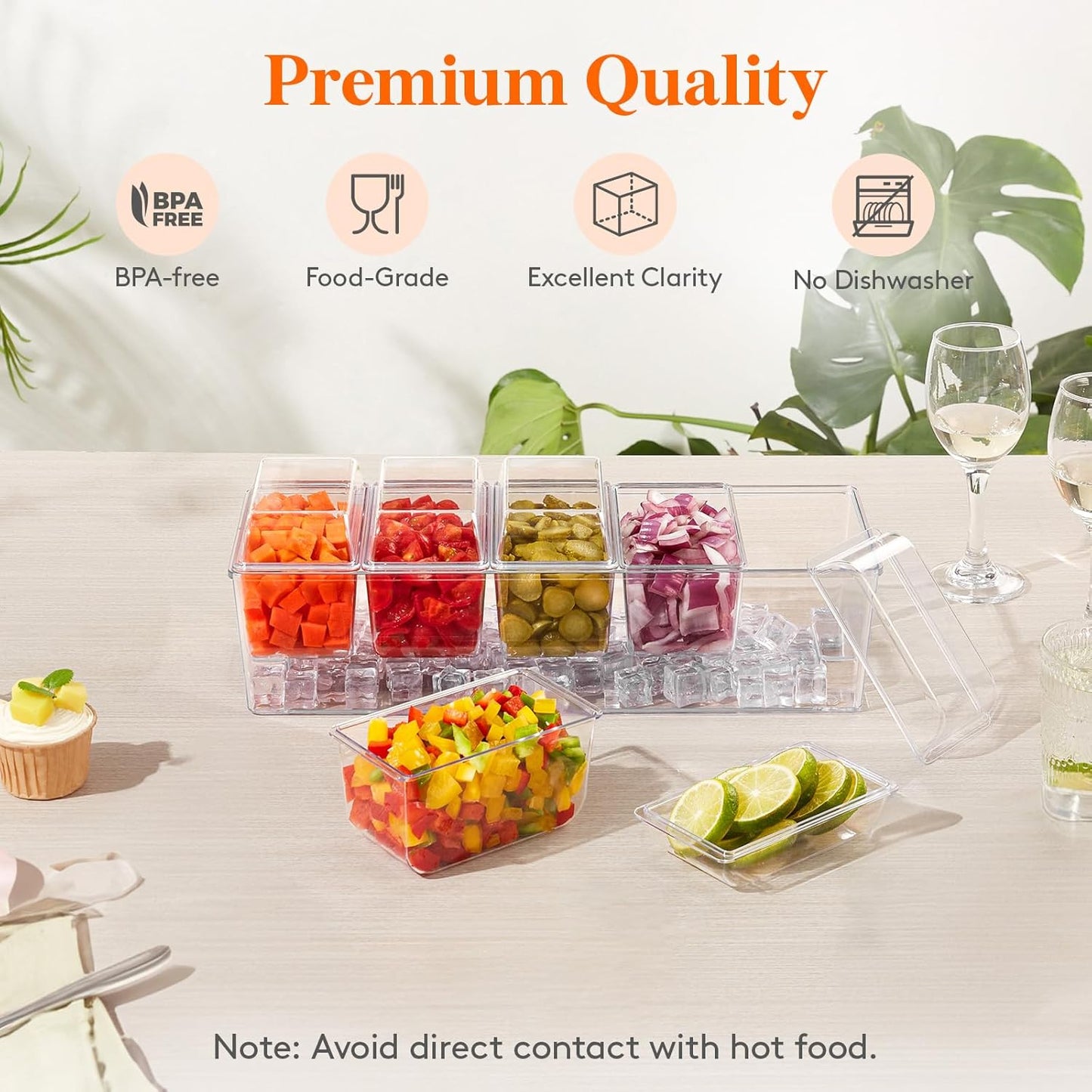 Lifewit 2 Pack Ice Chilled Condiment Caddy with 5 Containers(2.5 cup), Condiment Server with Separate Lids, Serving Tray Platter for Bar Accessories, Fruit, Salad, Taco, Party Garnish