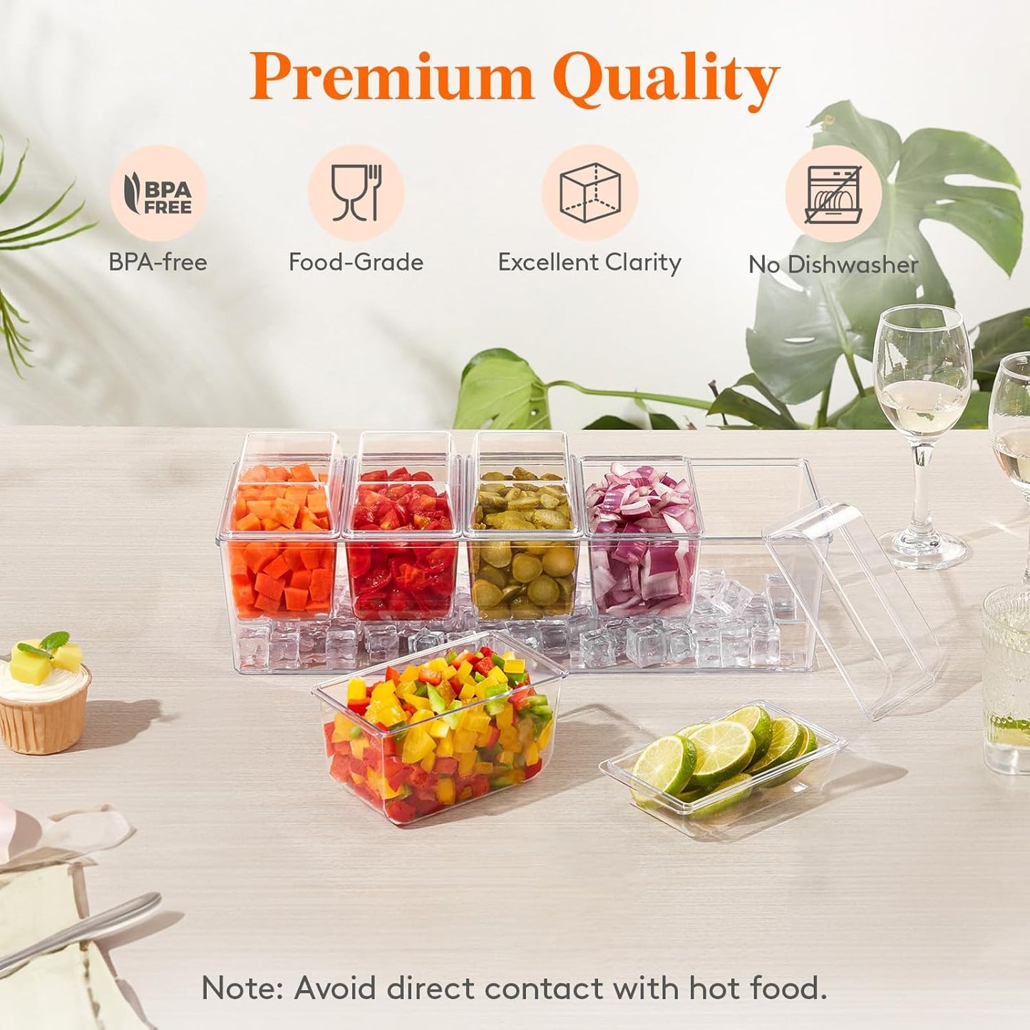 Lifewit 4 Pack Ice Chilled Condiment Caddy with 5 Containers(2.5 cup), Condiment Server with Separate Lids, Serving Tray Platter for Bar Accessories, Fruit, Salad, Taco, Party Garnish