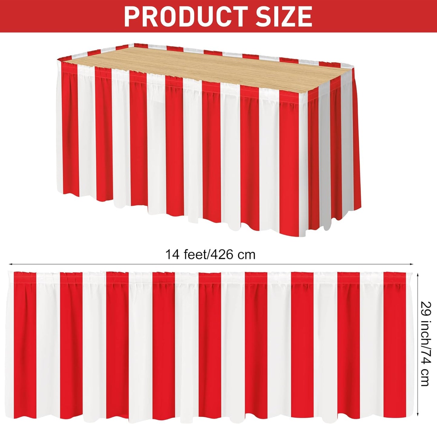 durony 1 Pack Red and White Striped Table Skirt Circus Theme Party Supplies Carnival Table Skirt for Carnival Home Party Decoration, 165 x 30 Inches
