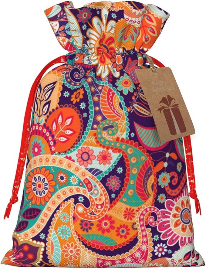 Jhggffd Boho Floral Colorful Bohemian Flower Christmas Gift Bags Christmas Treat Bags Cloth Christmas Gift Bag Drawstring Christmas Bags for Gifts Favor Bags Reusable Xmas Gift Bags for Holiday Party