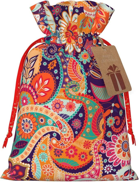 Jhggffd Boho Floral Colorful Bohemian Flower Christmas Gift Bags Christmas Treat Bags Cloth Christmas Gift Bag Drawstring Christmas Bags for Gifts Favor Bags Reusable Xmas Gift Bags for Holiday Party