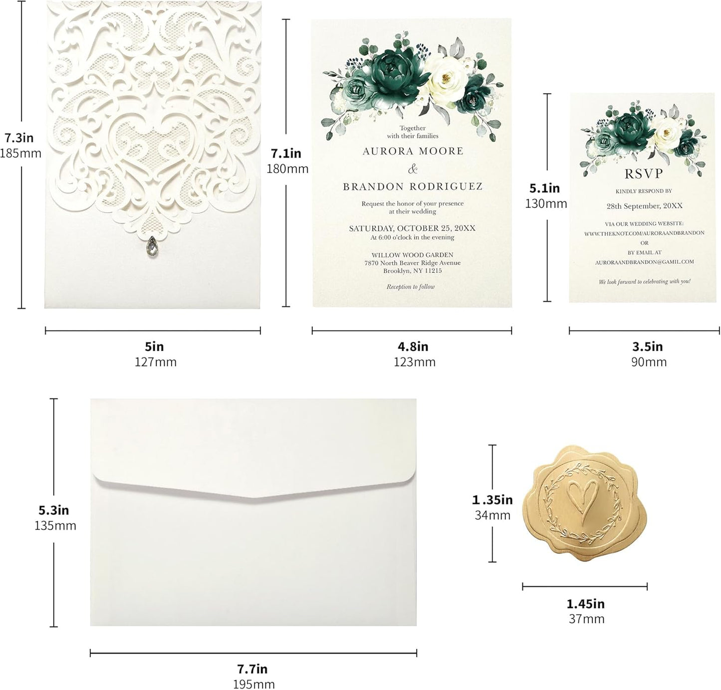 50pcs Laser Cut Wedding Invitations with Envelopes and RSVP Cards Green and Ivory White, 5x7.3 Personalized Invitation Cards for Wedding, Anniversary Invitations with Rhinestone