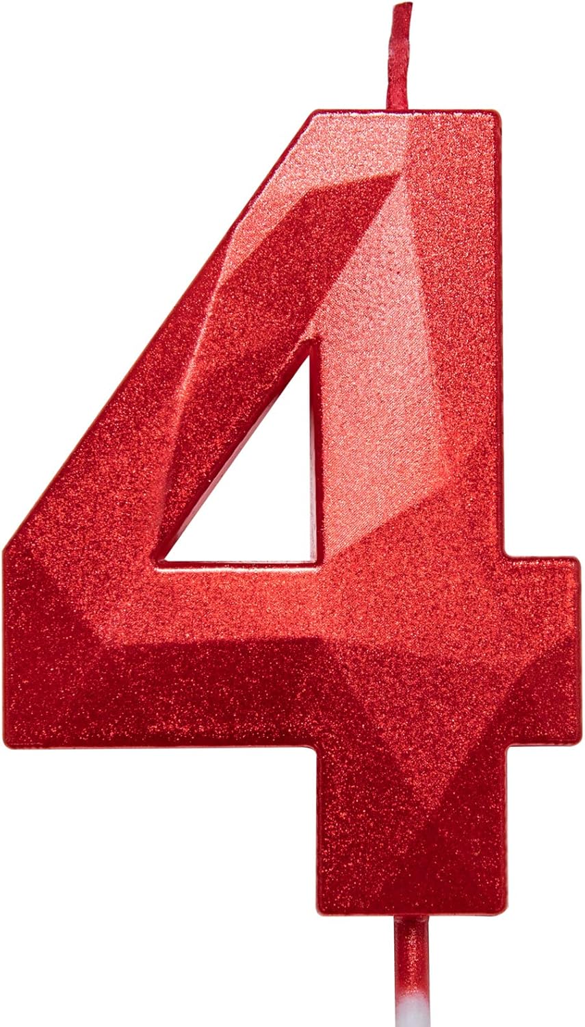 2.75in Tall 3D Diamond Shape Bright Red 4 Candles, Red Color Happy Birthday Cake Toppers Decorating and Celebrating for Adults/Kids Party/Family Baking (Bright Red Diamond Shaped 2.75in Number 4)