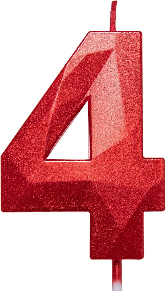 2.75in Tall 3D Diamond Shape Bright Red 4 Candles, Red Color Happy Birthday Cake Toppers Decorating and Celebrating for Adults/Kids Party/Family Baking (Bright Red Diamond Shaped 2.75in Number 4)