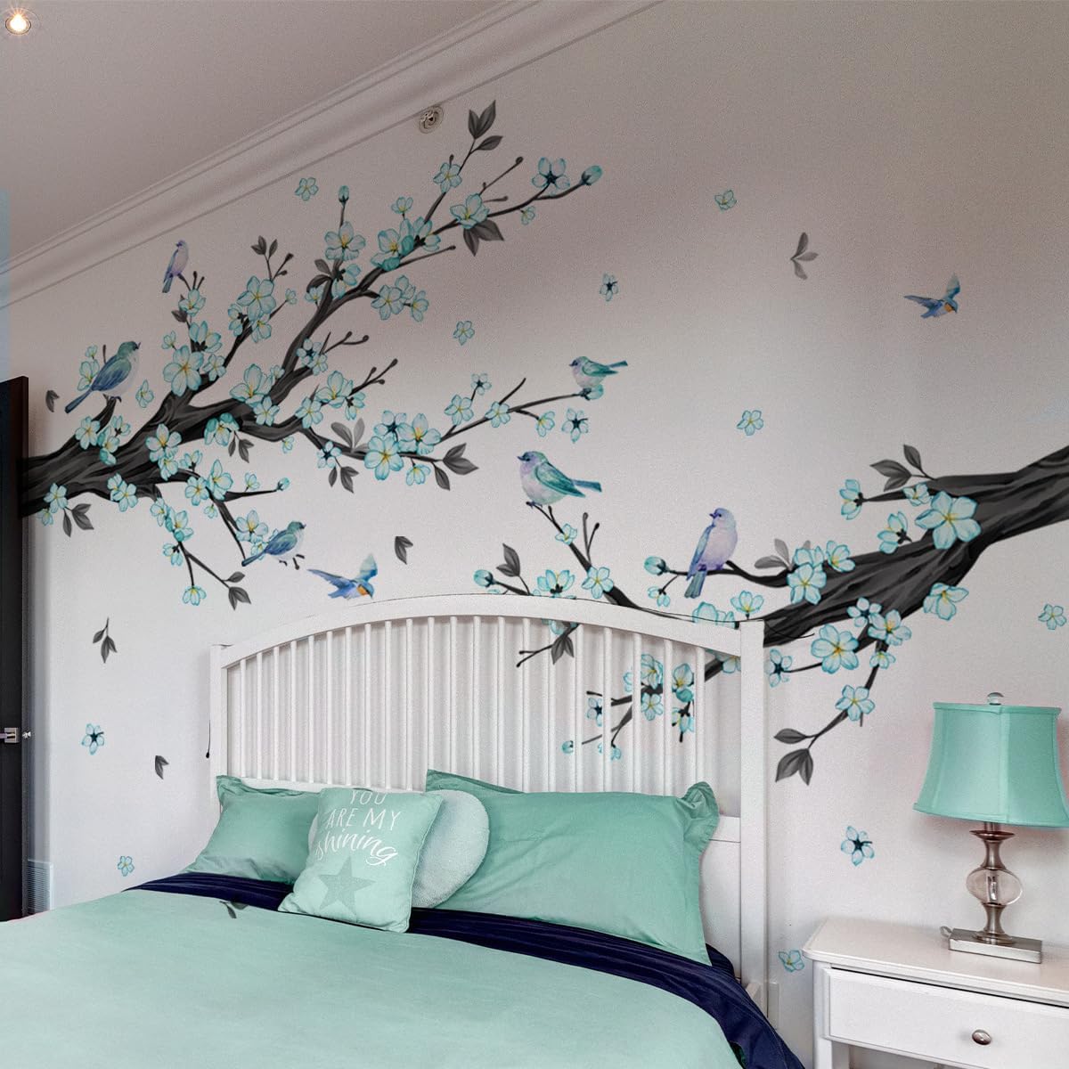 Large Blue Cherry Blossom Branch Wall Decals Flower Bird Blue Floral Tree Branch Wall Stickers for Living Room Bedroom, 76.37x65.35 inches