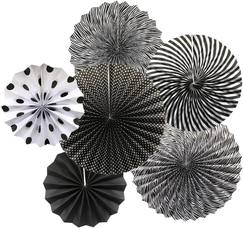 Party Hanging Paper Fans Set, Black Round Pattern Paper Garlands Decoration for Birthday Wedding Graduation Events Accessories, Set of 6