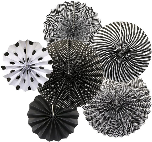 Party Hanging Paper Fans Set, Black Round Pattern Paper Garlands Decoration for Birthday Wedding Graduation Events Accessories, Set of 6
