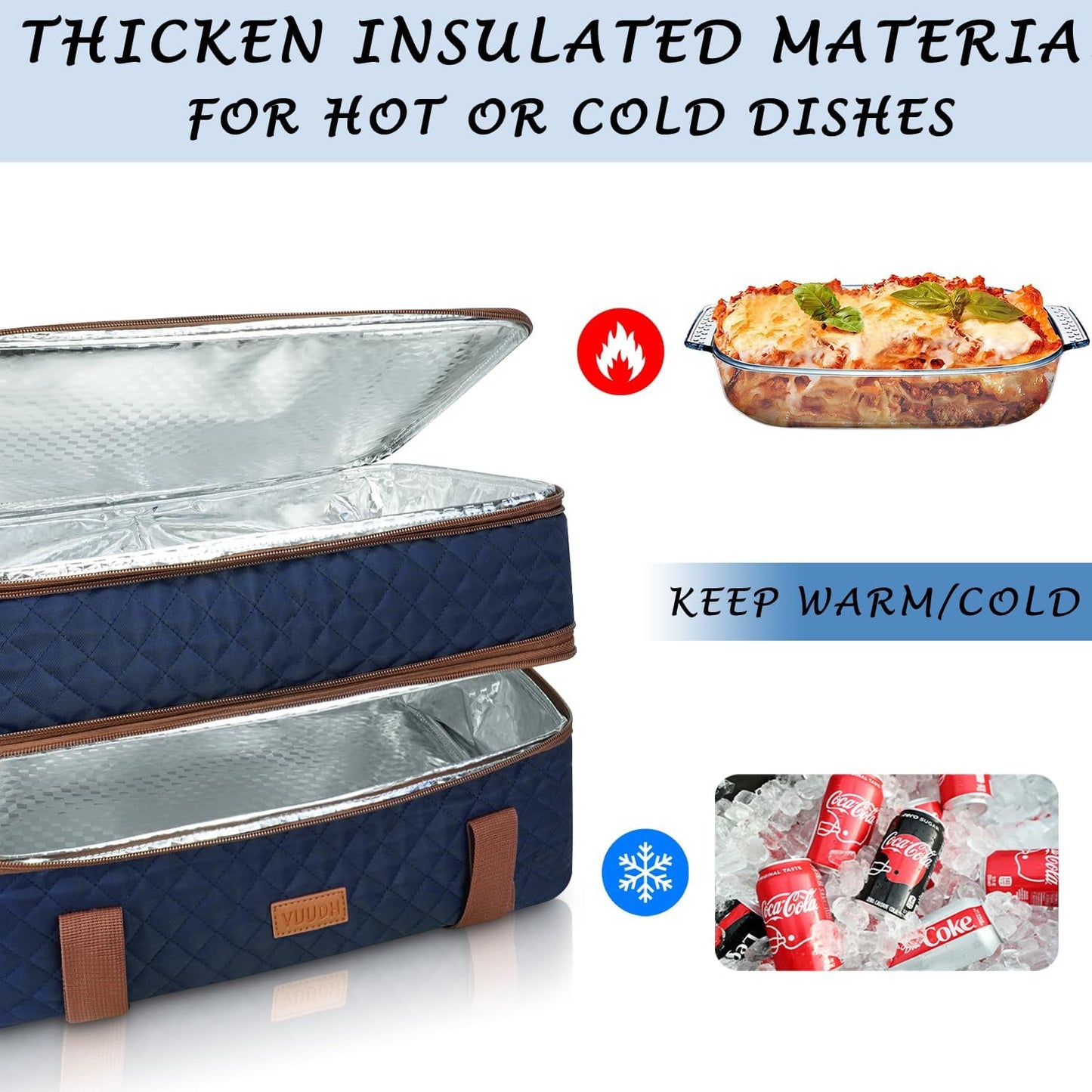Vuudh Quilted Insulated Double Casserole Carrier - Thermal Lunch Tote for Potluck Parties, Picnic, Beach, Fits 9 x 17 Inches Baking Dish, Casserole Dish, Expandable (Blue)