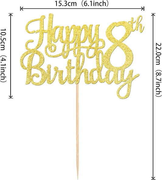 1 PCS Happy 8th Birthday Cake Topper - Gold Glitter Cheers to 8 Years - Fabulous Cake Decoration for 8th Birthday Theme Party