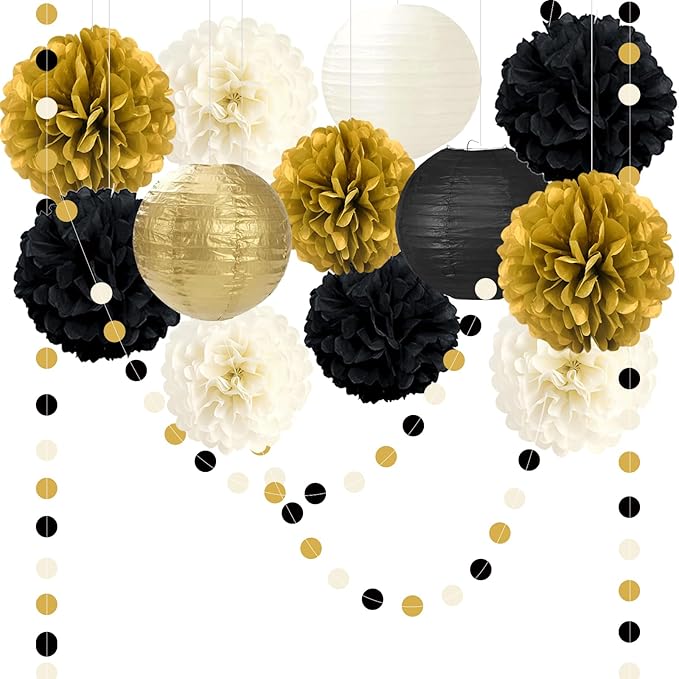 14PCS Black and Gold Party Decorations, Tissue Paper Pom Poms, Paper Lanterns & Polka Dot Paper Garland for 2026 New Year Party Graduation Birthday Wedding Engagement Retirement Party