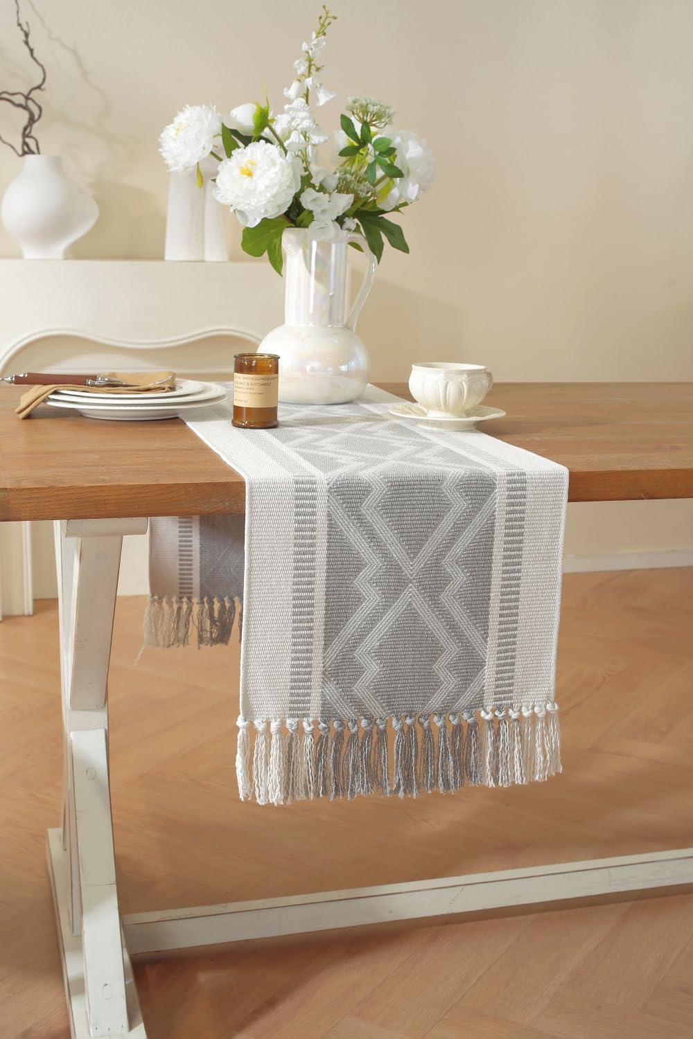 Boho Table Runner ， Natural Cotton Woven Gray Runner，for Modern Farmhouse Decor, with Tassels for Home Dining Table Decor 14 x 90 Inch Long