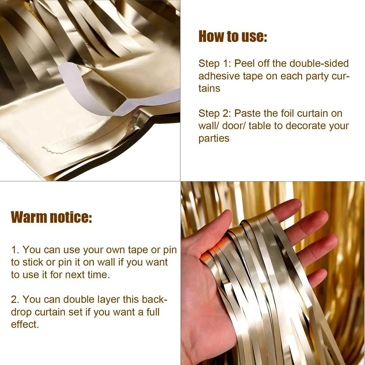 4 Pack Champagne Gold Foil Fringe Curtain Backdrop, 3.28Ft x 6.56Ft Metallic Tinsel Streamers Curtains, Wedding, Thanksgiving, Birthday, Christmas, Halloween Party Decoration