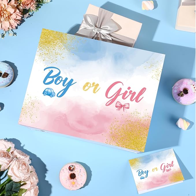 Gender Reveal Gift Bag Blue Pink Boy or Girl Paper Bag with Wrapping Paper Card What Will Baby Be Party Decoration Ink and Wash Treat Candy Bag for Baby Shower Gender Reveal Birthday Party Supplies