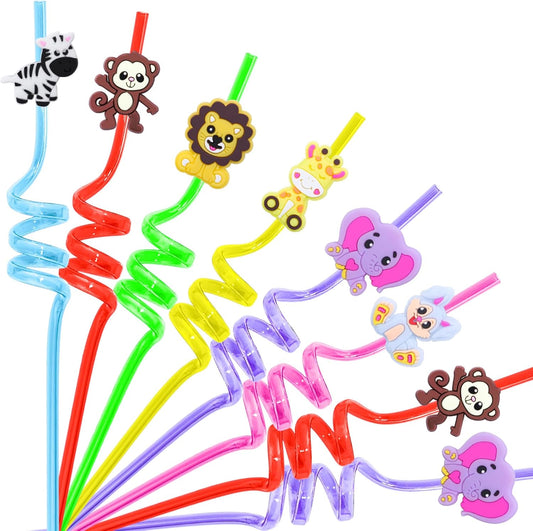 24Pcs Jungle Animal Party Straws for Jungle Animal Party Favors, Animal Themed Party Decorations Reusable Animal Straws for Animal Party Supplies for Kids Boys Girls