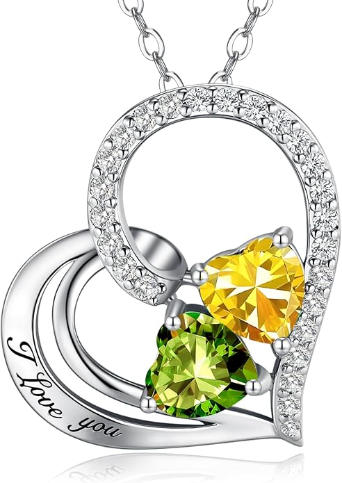 Double Birthstone Heart Necklace 0.8CT Dual-Gemstone S925 Sterling Silver Plated White Gold Engraved I Love You Perfect Anniversary/Valentine's Day Gift for Wife/Girlfriend/Mom/Daughter