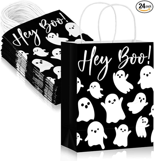 24 Pcs Halloween Hey Boo Ghost Paper Gift Bags with Handles Medium White Ghost Party Favor Bags for Halloween Home Table Party Supplies