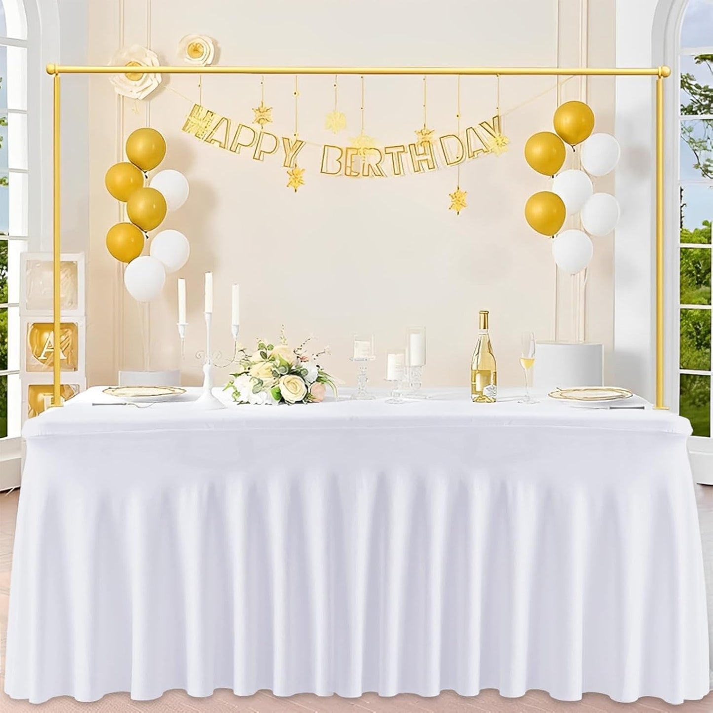JCJ Table Skirt for Rectangle Tables Spandex Fitted White Tablecloths for 4FT Tables, Wrinkle Resistant Ruffles Elastic Table Cover Skirts for Teacher Desk Weddings Banquets Parties