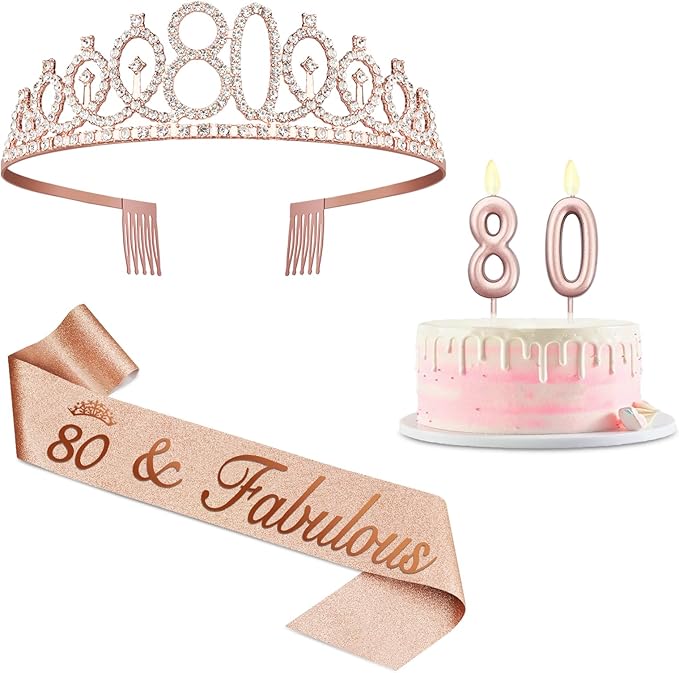 80th Birthday Decoration for Women with Rose Gold Sash, Tiara,Numbers Candles, Sincere 80th Birthday Gifts for Women