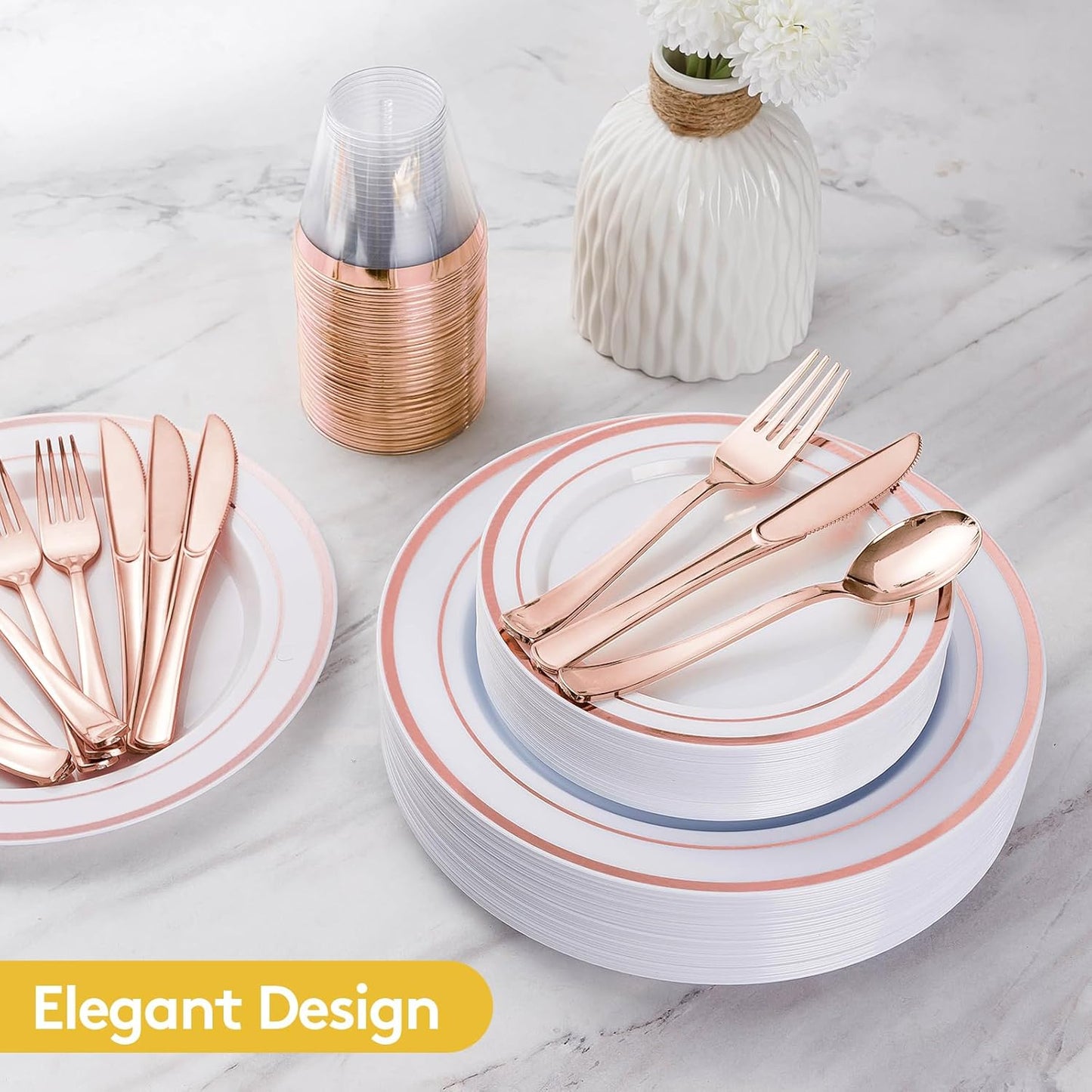 Goodluck 300 Pieces Rose Gold Disposable Plates for 50 Guests, Plastic Plates for Party, Wedding, Dinnerware Set of 50 Dinner Plate, 50 Salad Plates, 50 Spoons, 50 Forks, 50 Knives, 50 Cups