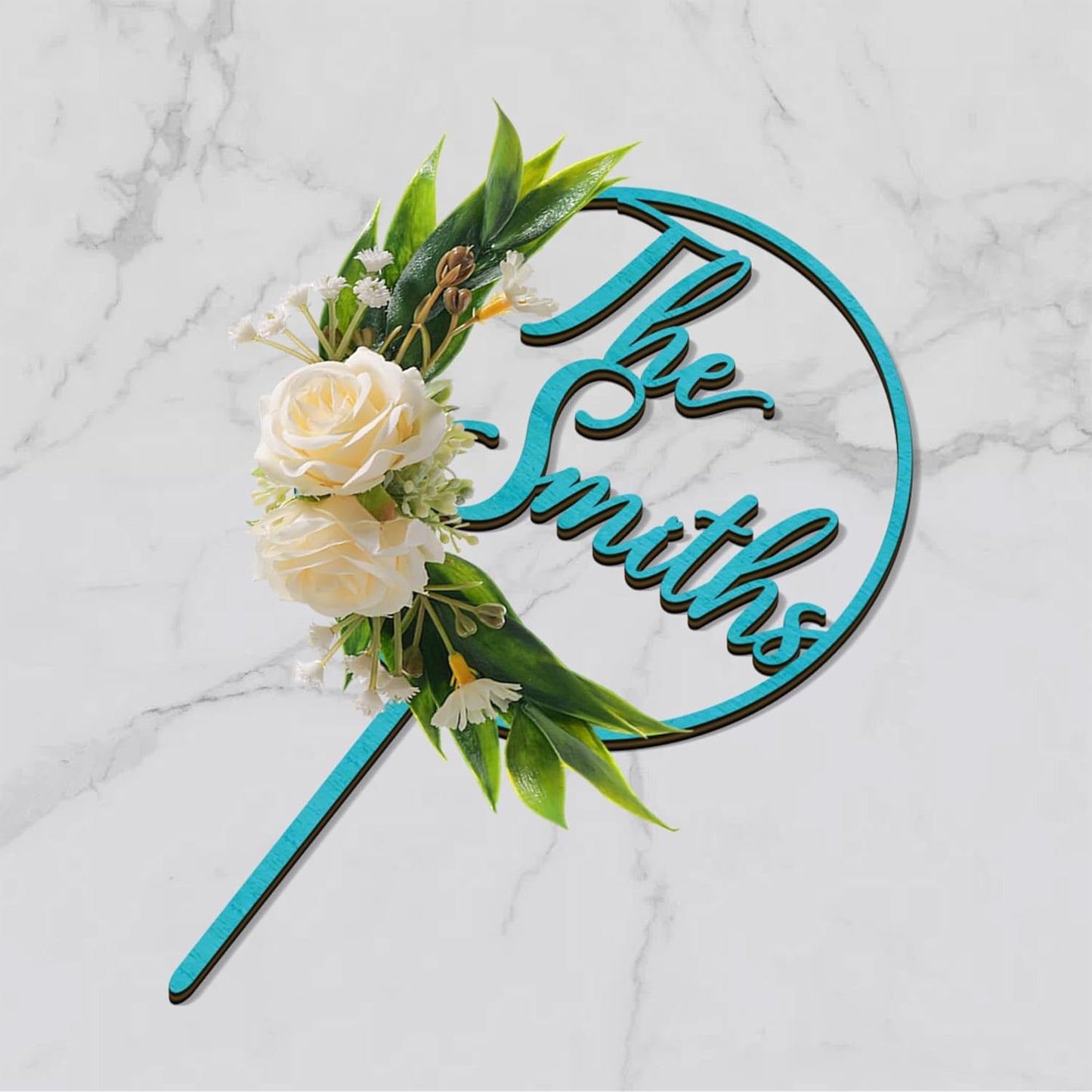 3D Flowers Wedding Cake Topper Custom Last Name Wedding Cake Decoration in Wood with 3D Artificial Roses (Turquoise)