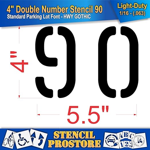 Pavement, Curb, and WheelStop Stencils - 4 inch Double Number Stencil - (90) - 4" x 5.5" x 1/16" (63 mil) - Light-Duty