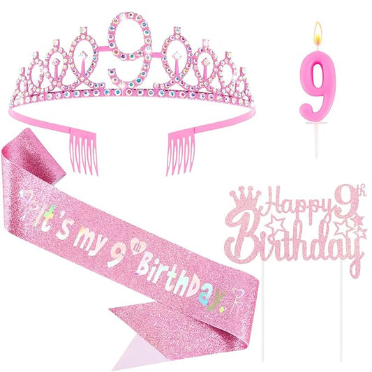 9th Birthday Party Decorations Set for Girls- Pink Crown, Glitter Sash, Number 9 Candle & Cake Topper Kit for Birthday Celebrations Party Supplies Gift