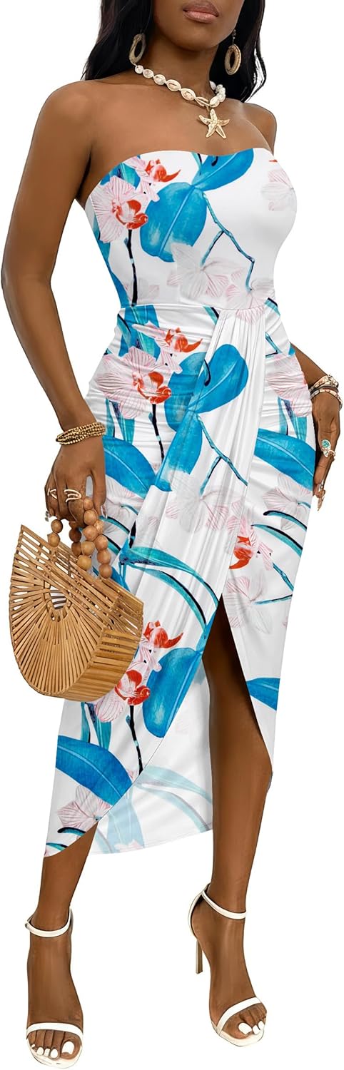 Umenlele Women's Strapless Ruched High Waist Wrap Split Asymmetrical Beach Maxi Long Dress